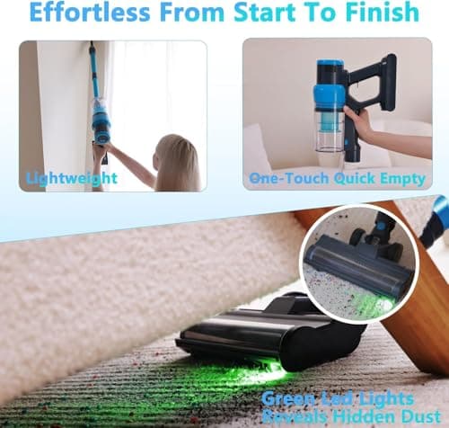 Cordless Stick Vacuum Cleaner: 45kPa Powerful Suction & 60Min Runtime, Self-Standing with Green Light & Anti-Tangle Brush, Rechargeable Lightweight Vacuum for Home Pet Hair on Carpets and Hard Floors - Thumbnail 6