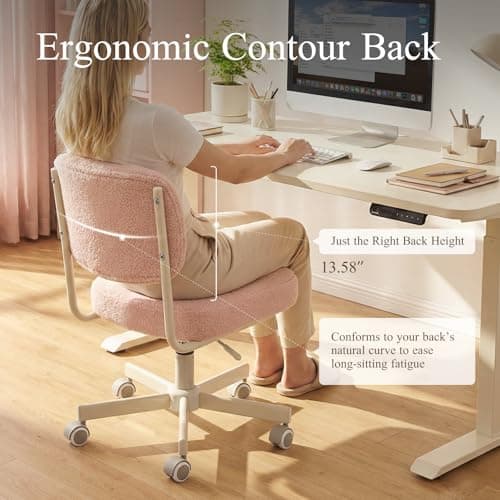 VATROS Vanity Chair with Wheels, Cute Armless Desk Chair with Back, Height Adjustable Swivel Small Office Chair, Comfy Velvet Computer Task Chair for Bedroom, Study, Dressing Room Pink - Thumbnail 4