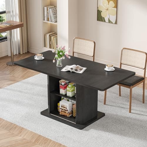 Extendable Black Dining Table for 4-6, 47-65 Inch Rectangle Dining Room Kitchen Table with Large Storage, Wood Sliding Door, Mid Century Modern Dinner Furniture, Fluted, Space Saving, Living Room - Thumbnail 4