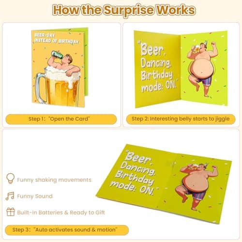 mountova Beer Birthday Card with Sound & Motion, Shaking Belly Funny Birthday Card for Men Husband, Dad, Friend, Brother, Interactive Bday Card for Beer Lovers with Envelope, 5.9 x 7.9 - Thumbnail 6