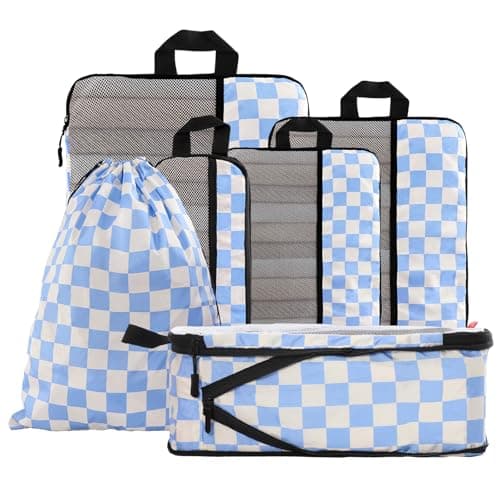 U+U 6 Set Compression Packing Cubes - Ultralight Travel Organizers with Laundry Bag, Space-Saving Suitcase Organizer for Travel, Business Trip and Family Vacation (Blue Checkered) - Image 1