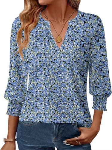 GKBK Womens 3/4 Sleeve Shirts V Neck Dressy Casual Spring Summer Blouses with Smocked Cuffs Blue Floral - Image 1