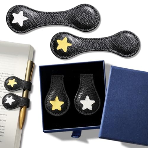 2Pcs Magnetic Leather Bookmarks with Gift Box, Magnetic Pen Holder Book Marks Clip Gift for Book Lover Readers Men Women Teachers Students, Star (Black+Black) - Image 1