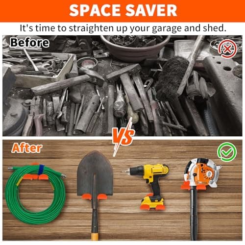 Upgraded Trimmer Rack Wall Mount - 8" Heavy Duty Weed Eater Hanger for Garage Wall, Garden Power Tool Holder Organizer Hooks for Grass Trimmer, Hedge Trimmer, Leaf Blower and Chainsaw, Orange, 1 Pack - Thumbnail 4