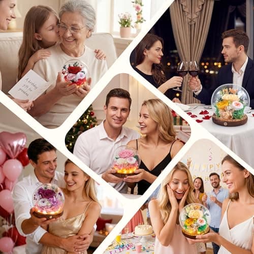 Elover Preserved Roses in Glass Dome with LED Light Long Lasting Real Flowers,Forever Eternal Rose for Mother's Day,Valentine's Day,Birthday Gifts for Women,Mum,Wife,Girlfriend (Champagne) - Thumbnail 5