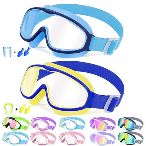 2 Pack Kids Swim Goggles for 3-14, Fabric Strap Wide View Anti Fog& UV
