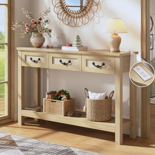 HUAHUU 47.2" Console Table with 3 Rattan Drawers, Long Sofa Table with Storage Behind Couch, Modern Entryway Table with Power Outlet & Open Shelf for Entrance/Hallway/Foyer/Living Room, Natural - Image 1