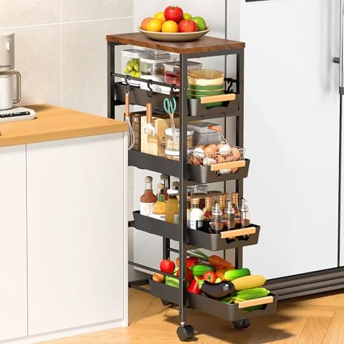 SUNALLY Slim Storage Cart with Pull-Out Baskets, 5-Tier Rolling Kitchen Cart with Wooden Top & Lockable Wheels, Narrow Space Utility Cart Organizer for Kitchen, Bathroom, Laundry Room, Black - Image 1