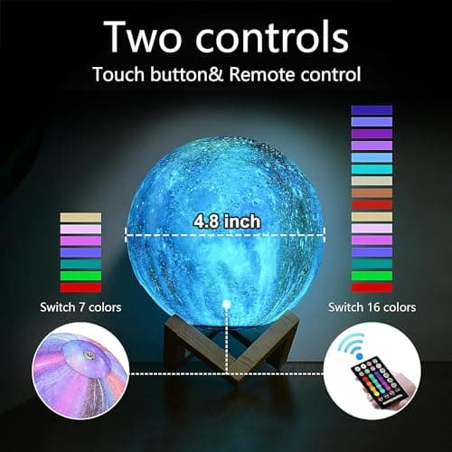 Moon Lamp, Kids Night Light Galaxy Lamp - 16 Colors Moon Light with Wood Stand Remote & Touch Control USB Rechargeable Gift for Girls&Boys Lover Birthday - 4.8 inch - Thumbnail 3