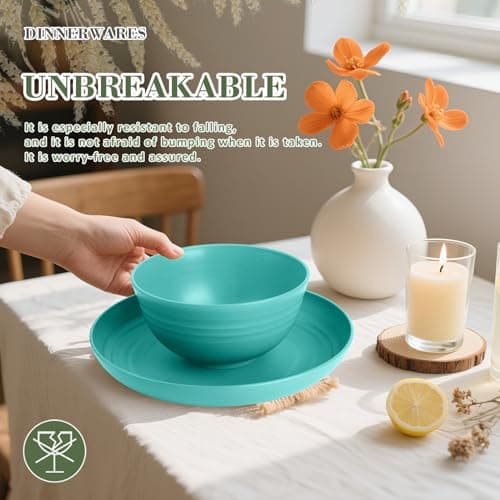 Wrova Wheat Straw Dinnerware Sets of 20,Dishwasher Safe Kitchen Plates and Bowls Sets,Camping Dishes Sets Contains Dinner Plates,Cereal Bowls,Drinking Cups and Flatware.(Green) - Thumbnail 6