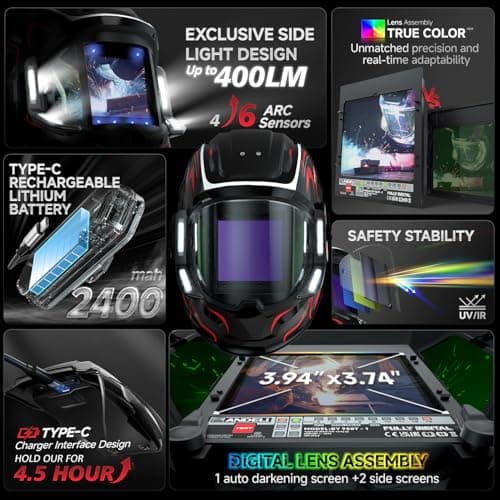 ANDELI Welding Helmet with 4 LED Light, 180° Panoramic 6 Arc Sensor True Color Auto Darkening Welding Hood with Internal Display, 2400mAh Rechargeable Battery for TIG/MIG/Cut/Grind MONERRC LED PRO - Thumbnail 2