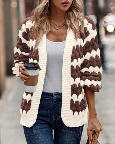 KIRUNDO Women's Cardigan Sweater 2026 Fall Winter Open Front Long Sleeve Cable Knit Color Block Striped Cardigan Casual Oversized Sweater Jacket Outwear(Coffee, Small) - Thumbnail 3