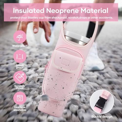 Bufilea Carrier Bag with Phone&Flap Pockets for Stanley 40/30oz Tumbler with Handle, Insulated Neoprene Cup Holder Carrier Bag w/Shoulder & Handheld Strap Fits Stanley Cup Accessories - Thumbnail 6