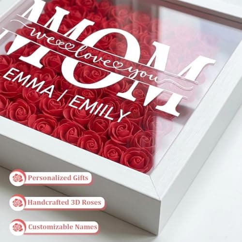 Personalized Mom Flower Shadow Box with LED Light, Custom Rose Frame with Kids Names, Mother's Day Birthday Gift for Mom Grandma Nana, Custom Text Flower Colors, Shelf Decor (Variegated) - Thumbnail 4
