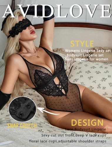 Avidlove Womens Teddy Lingerie Sexy Lace Babydoll V Neck One Piece Bodysuit - Thumbnail 3