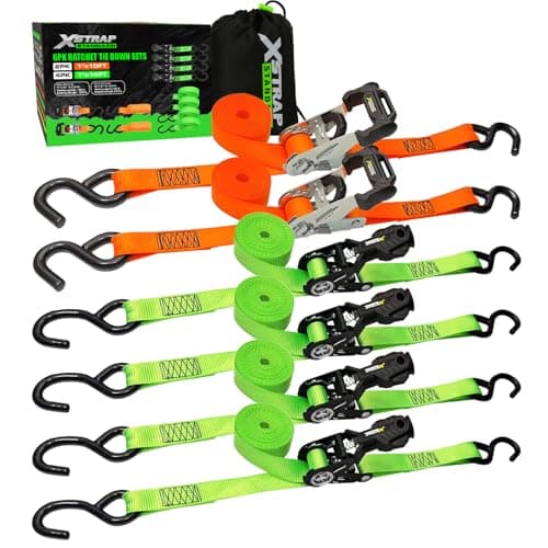 XSTRAP STANDARD 6-Pack Ratchet Tie Down Straps Set - 1 Inch 4 x 14ft & 2 x 10ft Tie-Down, 3300 lbs Break Strength Heavy Duty Cargo Straps with Coated S-Hooks for Moving, Motorcycle, Truck, Trailer