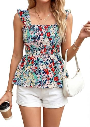 NALANISA Women's Summer Boho Cute Tank Tops 2026 Casual Square Neck Smocked Ruffle Sleeveless Babydoll Shirts Floral Blouses (Navy Flower,XXL) - Thumbnail 4