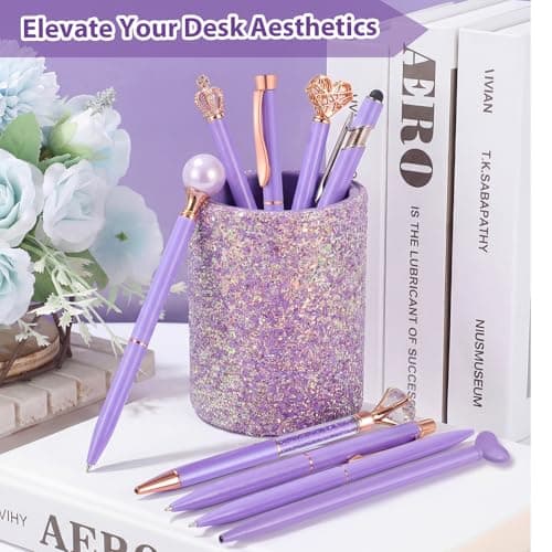 BESARTE 9 Pcs Purple Pens With Pen Holder for Desk, Fancy Pens Purple Gifts for Mom Desk Accessories for Weddings Parties Mothers Day Gifts for Mom Wife - Thumbnail 2