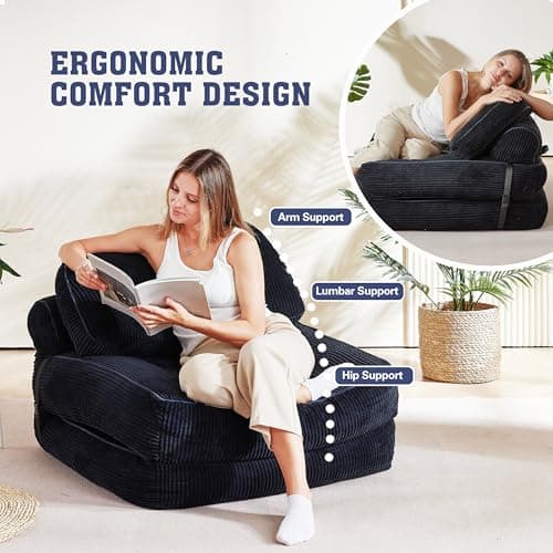NESLAKO Folding Sofa Bed, Flannel Futon Couch Bed with Pillow and Blanket, Convertible Sleeper Chair for Small Space Apartment Guest Room, Black - Thumbnail 4