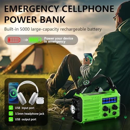 NOAA-Certified Emergency Weather Radio, AM/FM Portable Solar Hand Crank Powered with Flashlight & Reading Lamp for Emergency, Rechargeable Battery, SOS Alarm, Cell Phone Charger for Outdoor & Home Use - Thumbnail 4