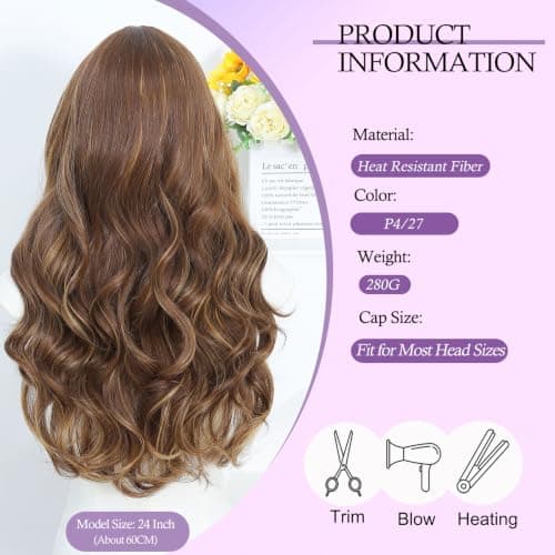 Barbique Highlight Brown 24 Inch Long Wavy Wig for Women, Synthetic Body Wave Lace Wig, Middle Part Natural Hairline Glueless Wig for Daily Wear - Thumbnail 2