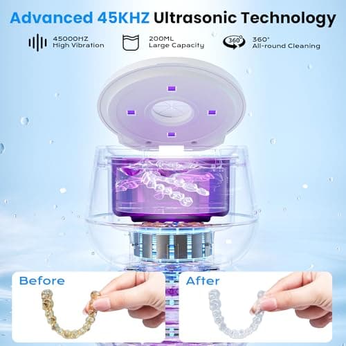 45kHz Ultrasonic Retainer Cleaner, 200ML Dental Cleaning Pod for Dentures, Mouth Guards, Braces, Aligner, Toothbrush Jewelry and More, UV Denture Cleaner with 4 Modes & Digital Timer - White - Thumbnail 2
