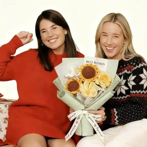 FLOLVISOU Crochet Flower Bouquet Handmade Artificial Flowers with Card - Thumbnail 5