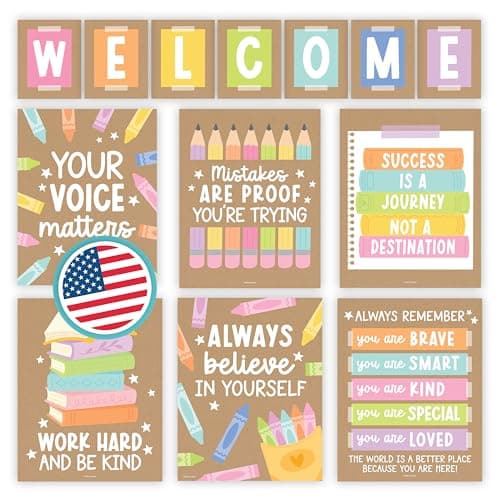 Welcome Sign for Classroom -13 Motivational Posters for Classroom Decor, Welcome Bulletin Board Set, Inspirational Posters, Positive Affirmations Wall Decor, Kraft Welcome Back to School Decorations - Image 1