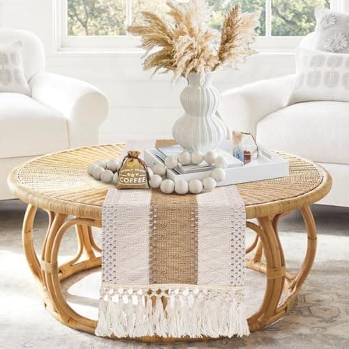 yuboo Boho Table Runner Short, Small Neutral Spring Table Runner 36 Inches, Macrame Dresser Scarf for Nightstand, Coffee Table, End Table, Bedside Table, Rustic Desk Dresser Decor - Thumbnail 6