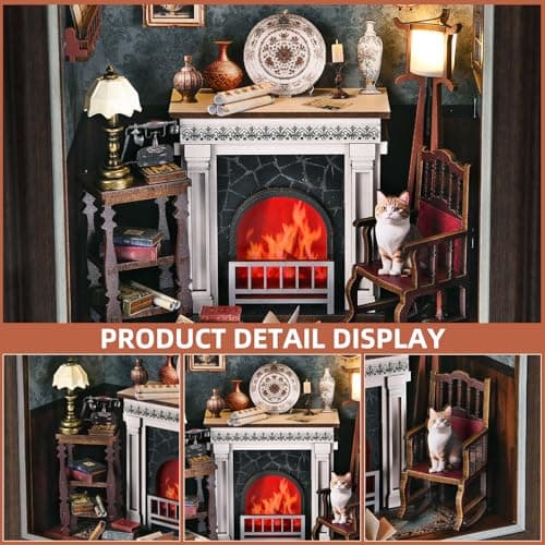 Book Nook Kit - 3D Wooden Puzzle with LED Switch Control & Wall-Mountable Frame,DIY Miniature House for Beginners,Bookshelf/Tabletop/Wall Decor for Craft Lovers,Dollhouse Gift,Fireplace - Thumbnail 3