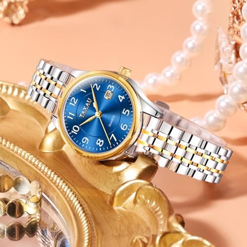 Taxau Watch Women Luxury Fashion Silver and Gold Two Tone Stainless Steel Watches for Women Blue Small Face Waterproof Women's Watches with Date Classic Dress Analog Quartz Ladies Watch Reloj Mujer - Thumbnail 4