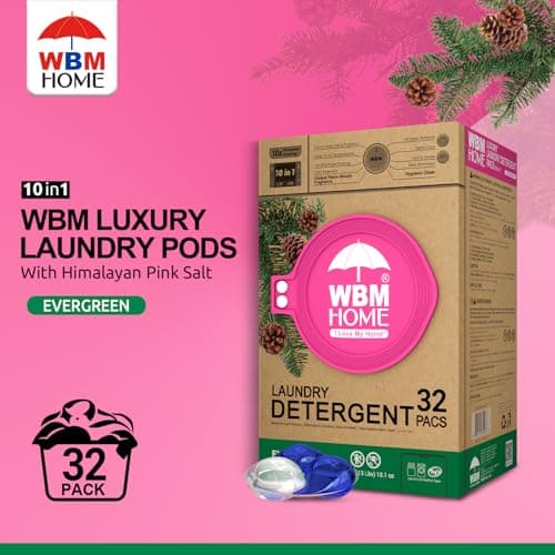 WBM Laundry Detergent Pods - Ultra-Concentrated, Hypoallergenic, Stain-Fighting, Evergreen Scent, 32-Pack, Recyclable Packaging for Eco-Friendly Cleaning - Thumbnail 2