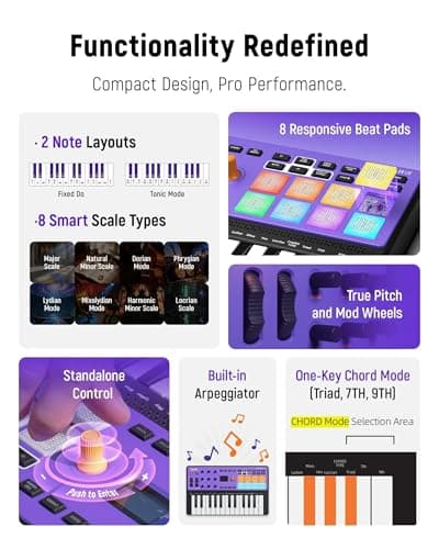 Synido Wireless 25 Keys USB MIDI Keyboard Controller Rechargeable with 8 Drum Pads, OLED Screen, MIDI In/Out/Thru, Professional BT Beat Maker Machine for Music Production, TempoKEY W25 - Thumbnail 3