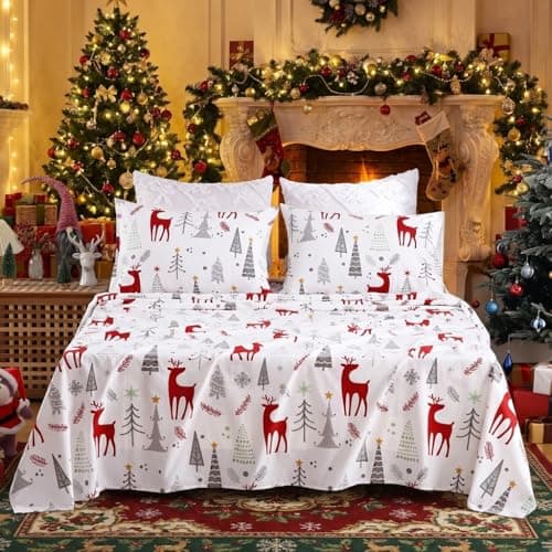 STARBEDIA Christmas Flannel Sheets King, 100% Cotton Holiday Bed Sheet Set, Deep Pocket Fitted Sheet, Soft Warm Brushed Christmas Sheet (King Size, Forest Deer) - Image 1