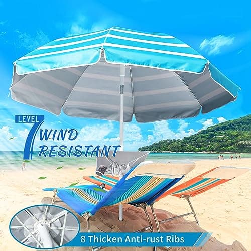 Beach Umbrella - Beach Umbrella for Sand Wind Portable with Tilt Pole, 6.56 FT Arc Length 5.9 FT Diameter, Heavy Duty Wind Resistant Striped Large Umbrellas, UV 50+ Parasol with Anchor Screw Adjustable Height and Foldable Table Board - Thumbnail 3