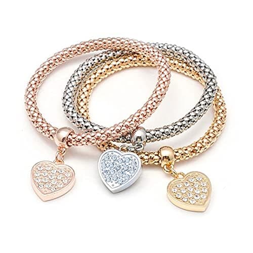 SILANER Crystal Charms Multilayer Bracelets - 3PCS Gold/Silver/Rose Gold Corn Chain Bracelet for Women, Tree of Life Heart Shaped Stretch Bracelet (PAVE CRYSTAL HEART CHARM) - Image 1