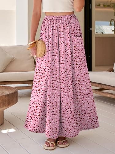 ANRABESS Womens Maxi Skirt Summer Casual Flowy A-line Elastic Waist Beach Long Skirts with Pockets Spring Vacation Clothes Floral Pink Small - Thumbnail 2