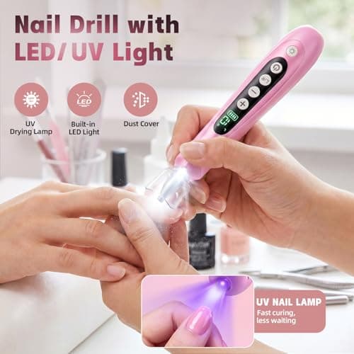 Pro Nail Drill Kit, Electric Nail File with UV Dryer Lamp & LED Light, 10000RPM Low Vibration & Noise, 10 Speeds, 3000mAh Cordless Nail dremel, Toenail Grinder for Manicure Pedicure Home Use, Pink - Thumbnail 2