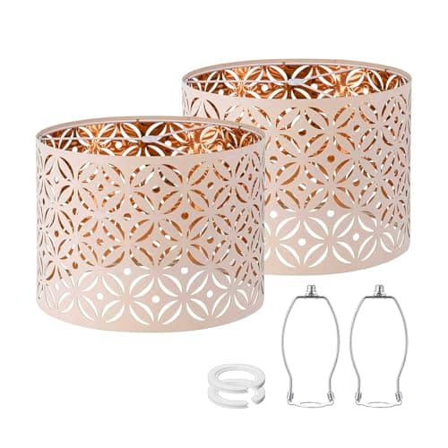 Drum Lampshades for Table Lamps, Pink Lampshades Set of 2, 13" Top x13" Bottom x 10" High, Lampshades with Flower Carved for floor lamps, Natural Fabric Handcrafted with Easy Assembly - Image 1