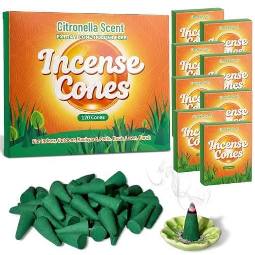 FIRIK Citronella Incense Cones (120 PCS) with 1 Holder, Lemongrass Cones Incense Gift Set for Indoor and Summer Outdoor Patio Camping Trip Garden Gathering