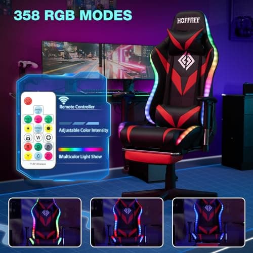 Led Gaming Chair with Speakers Massage 165° Reclining Computer Chairs-Red - Thumbnail 5