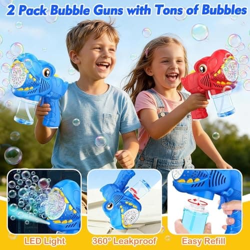 Bubble Machine Gun Kids Toys 2 Pack Rechargeable Bubble Guns with 4 Solutions Bubbles for Kids Toddlers Maker Blower Easter Basket Stuffers Dinosaur Outdoor Toys Valentines Boys Girls - Thumbnail 4