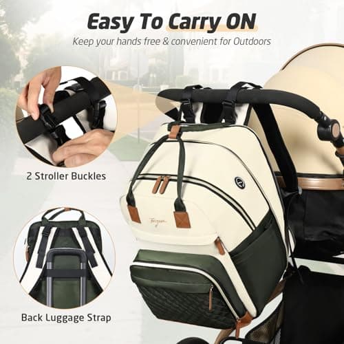 Tonyeee Diaper Bag Backpack - Extra Large Diaper Bag for 2 Kids Twin, Travel Baby Bags for Mom Dad 25-37L Expandable with Changing Pad Earphone Hole, Apricot Green - Thumbnail 6