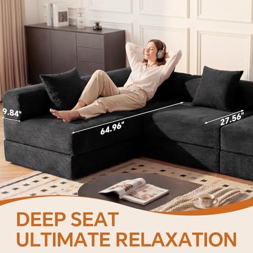 ceamorfco 112 Inch Boneless Couch Modular Sectional Sofa, Corduroy 4-Seat Cloud Couch with High Back Support Pillows, Convertible Floor Sofa Bed for Living Room and Small Spaces, Black - Thumbnail 3