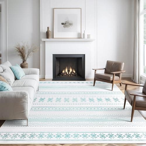 Auemtyn 9x12 Washable Area Rug, Boho Moroccan Low Pile Non-Slip Indoor Floor Carpet for Living Room Bedroom Dining Nursery Farmhouse - Blue & White