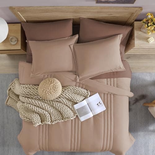 Monbix Full Comforter Set - 7 Pieces Rust Pink Bed in a Bag Full Size Bedding Sets with Comforters, All Seasons Comforter with Sheets, Pillowcases & Shams - Thumbnail 2