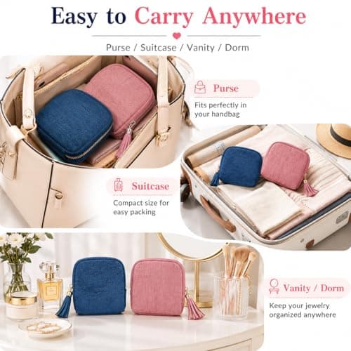 AOzT 2 Pcs Jewelry Organizer Pouches for Travel - Mini Jewelry Travel Case for Women, Soft Storage Bags with Tassel Zipper for Earrings Necklaces Rings Bracelets, Blue Pink - Thumbnail 6