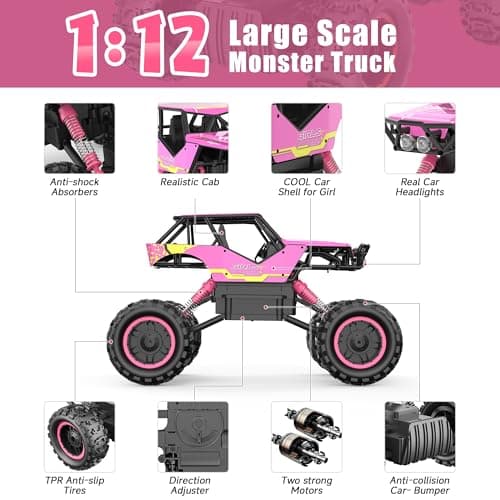 DOUBLE E 1:12 RC Monster Truck - 4WD Off-Road Remote Control Car with Dual Motors and Headlights - Thumbnail 3