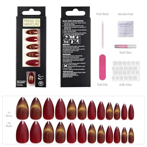Red Cat Eye Press On Nails - Almond Glitter Static Fake Nails, Handcrafted Reusable Manicure for Glam Party Style, 24 Nails in 12 Sizes with Glue, Tabs, File, Prep Pad, Manicure Stick - Thumbnail 5