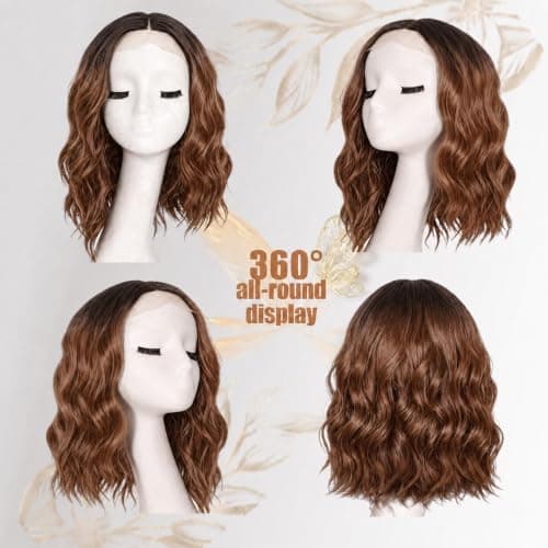 Uioxvn Synthetic Short Wavy Wig Bob Style Lace Hairline Shoulder Length Glueless Beginners Friendly Middle Part Heat Resistant Fiber Wigs Rooted Dark Brown Highlight Mix Amber Rust Omber - 14 Inch - Thumbnail 2